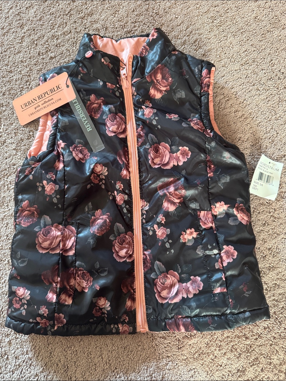 Urban Republic Floral Reversible Puffer Vest - Black & Pink